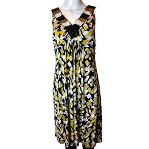 Style & Co Womens Stretch Midi Dress Sleeveless Beaded V Neck Yellow Black SZ XL